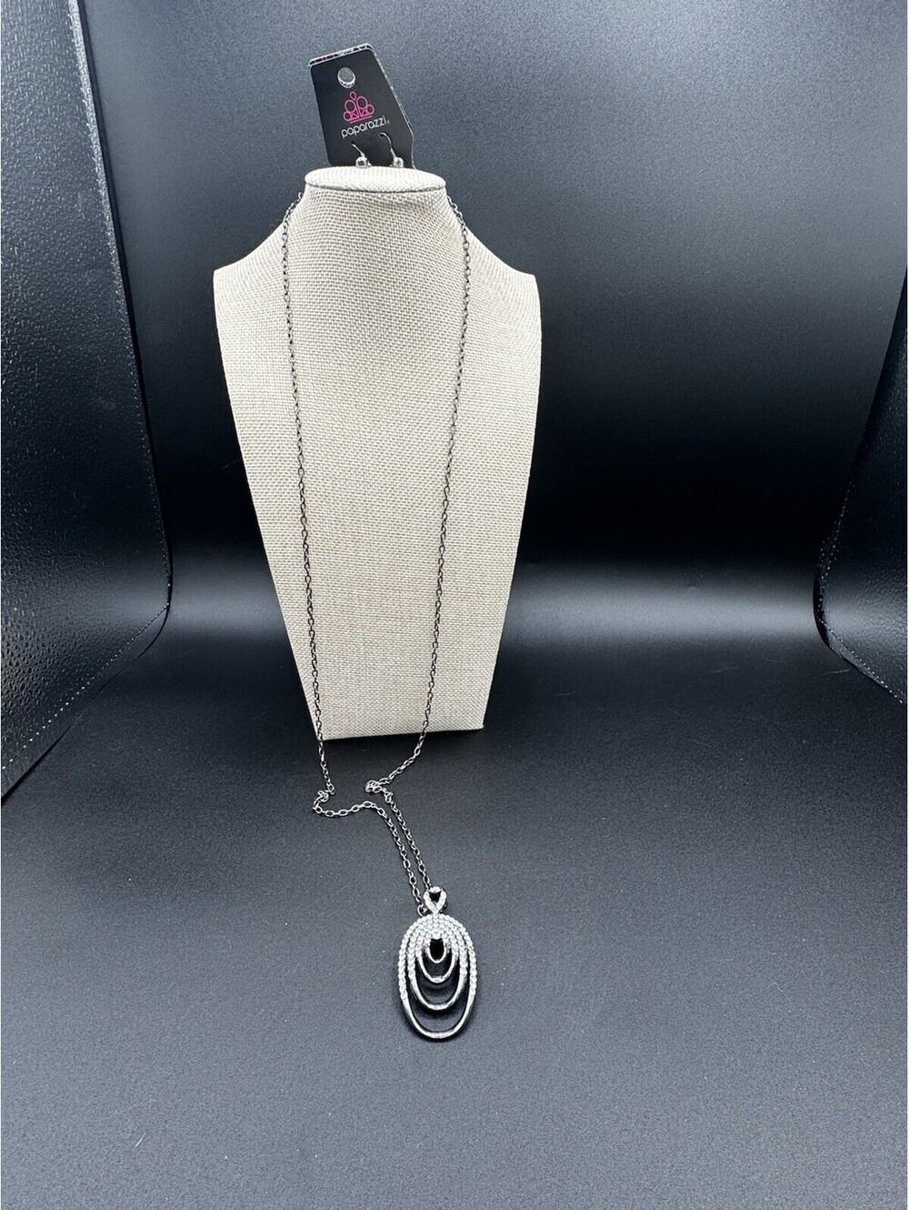 Paparazzi Black Rhinestone Layered Pendant Necklace Set Gunmetal NWT